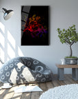 Stylish living room featuring a colorful art print, cozy bean bag chair, decorative plant, and modern lamp.