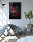 Stylish living room with bean bag chair, modern art, and indoor plant in sunlight.