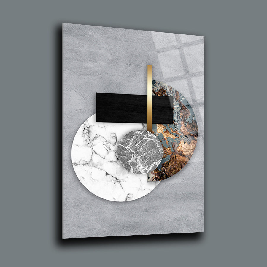 Modern abstract art piece featuring marble textures and geometric shapes on a sleek gray background.