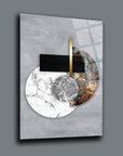 Modern abstract art piece featuring marble textures and geometric shapes on a sleek gray background.