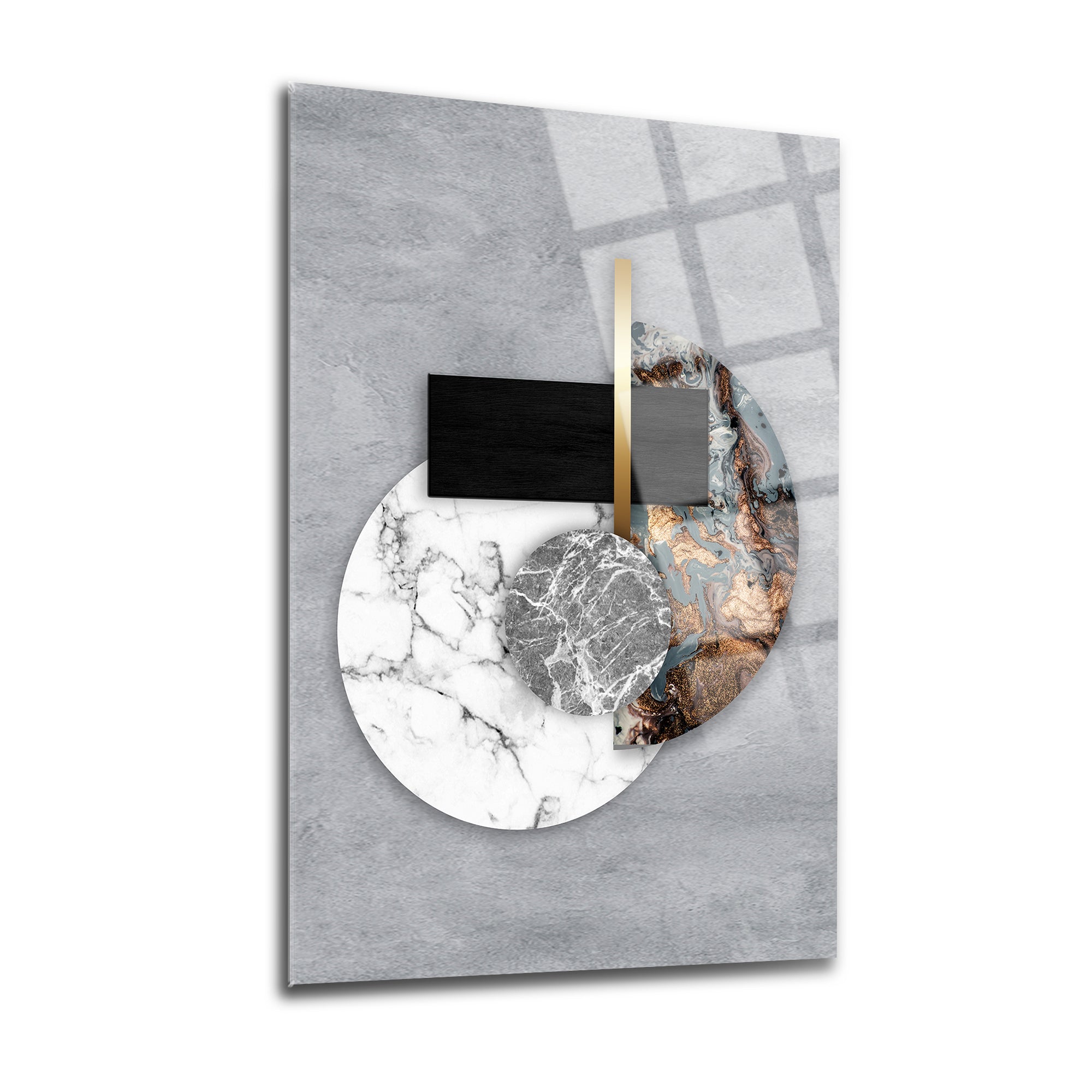 Modern art print featuring abstract shapes in marble and textured finishes on a gray background.