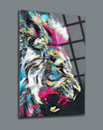 Colorful lion artwork on glass, showcasing vibrant hues and a modern design, perfect for contemporary decor.