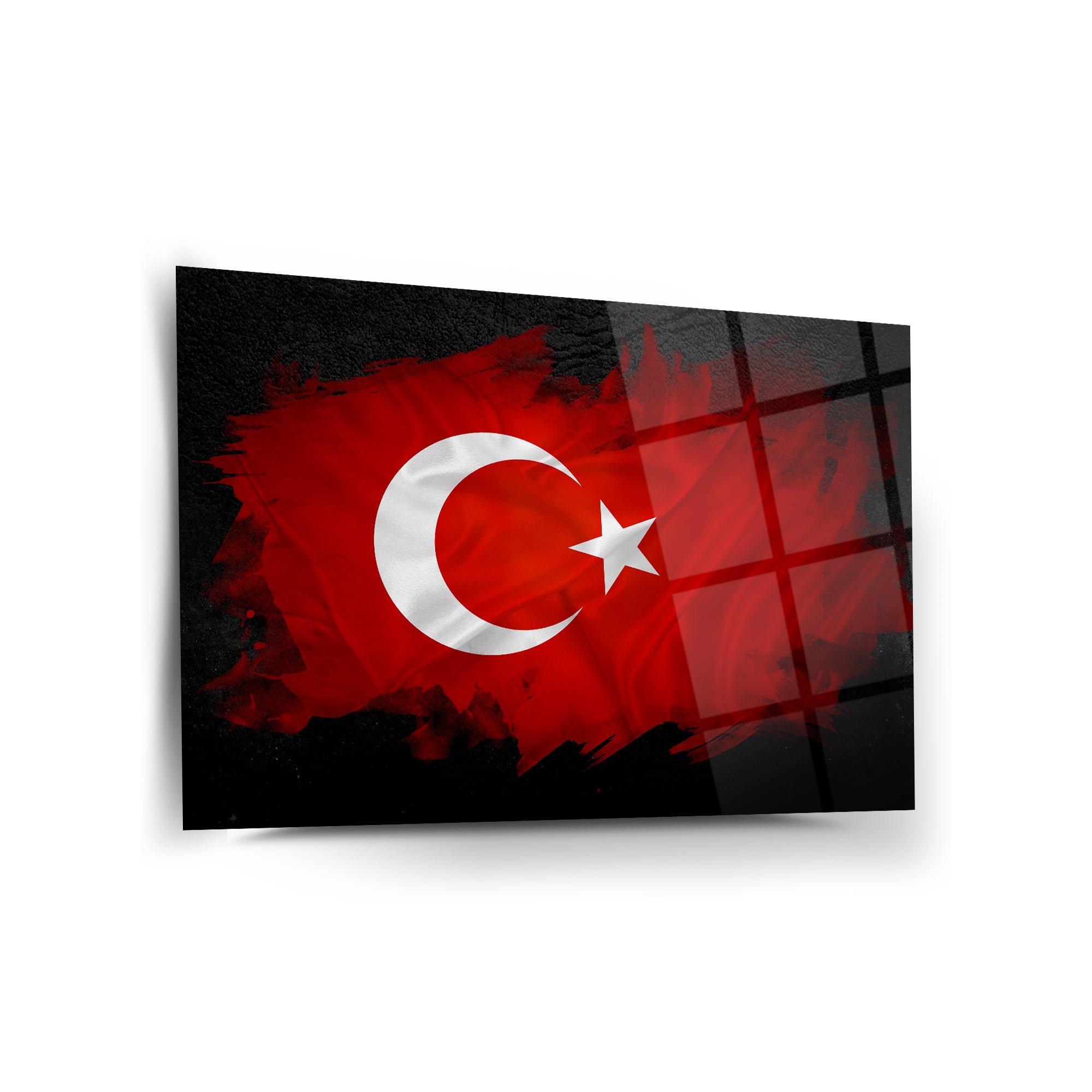 Türk Bayrağı deseniyle tasarlanmış şık cam tablo, yüksek kaliteli UV baskı ve dayanıklı cam malzeme.