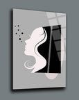 Artistic glass painting of a woman's profile, showcasing modern design and high-quality UV printing technology.