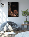 Stylish living room featuring Paris Cam Tablo artwork with Eiffel Tower, modern decor, and cozy bean bag chair.