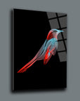 Stylized bird art in red and blue lines on a black background, perfect for modern decor.