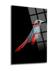 Serçe Cam Tablo featuring a stylized bird design in red and blue on a black background.