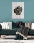 Elegant realist glass wall art featuring intricate black and white design, enhancing modern living room decor.