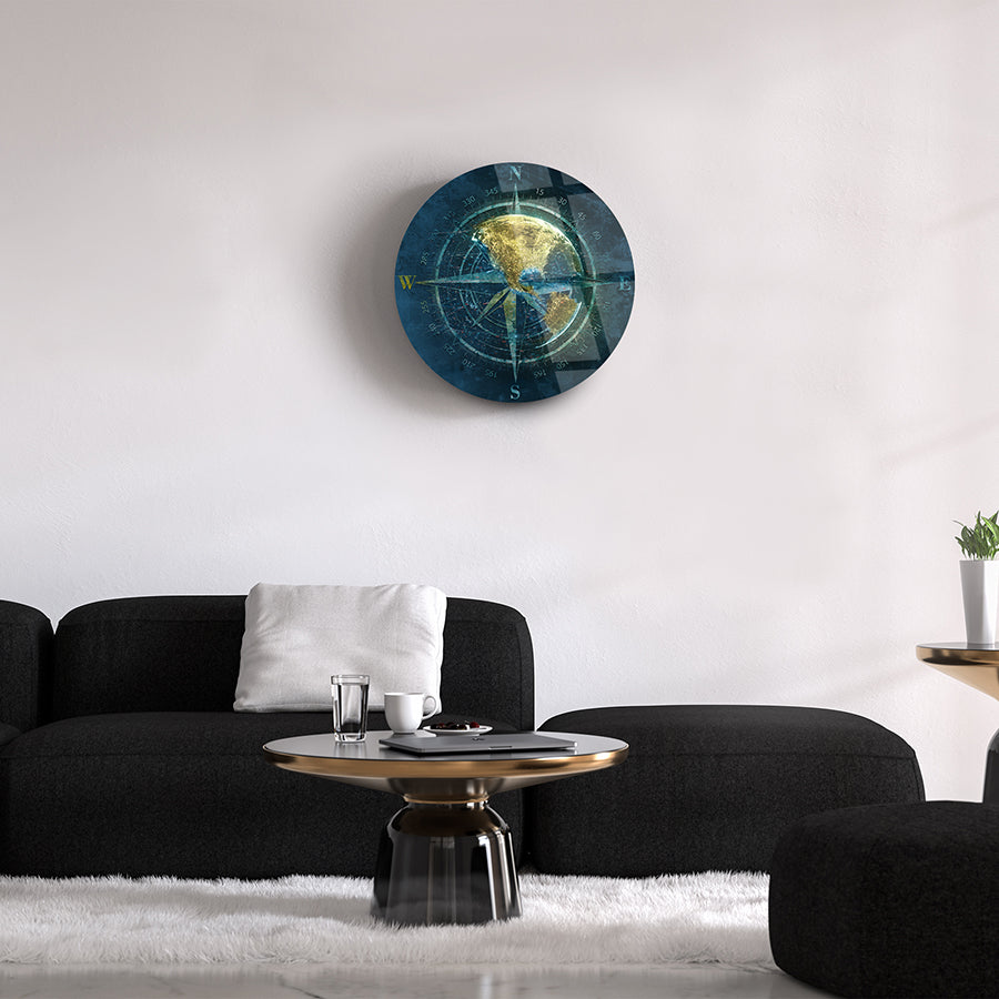 Dünya Pusulası Cam Tablo, modern dekorasyon için UV baskılı, dayanıklı ve şık duvar sanatı.