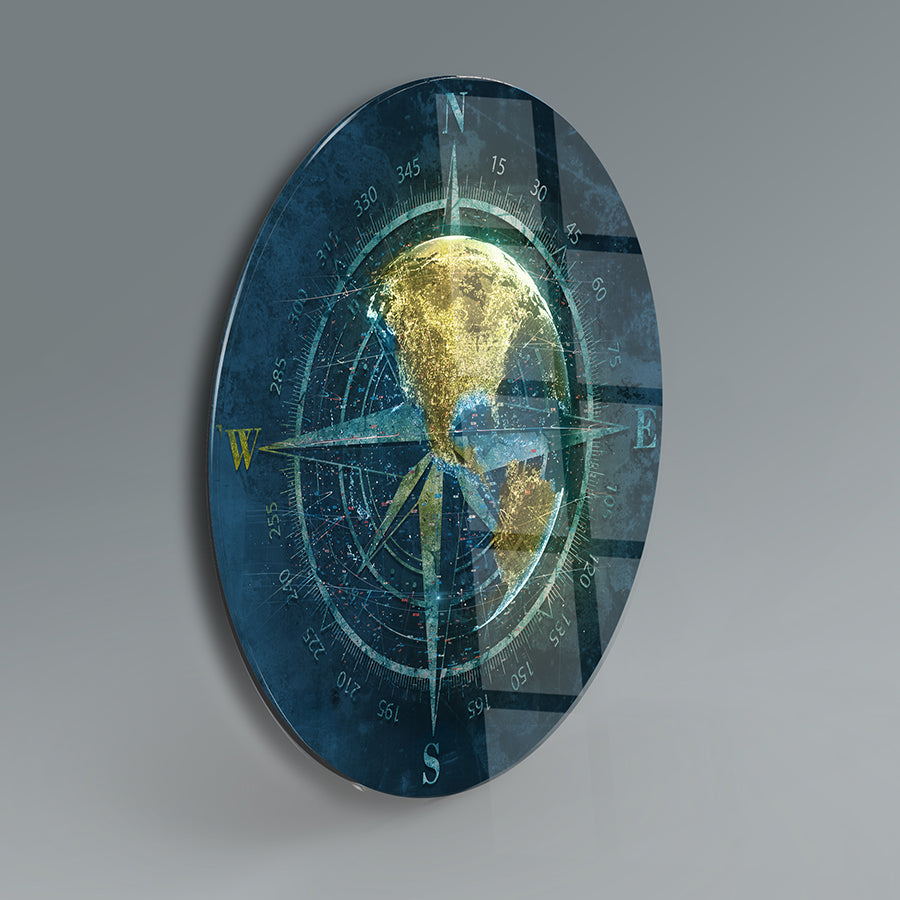 Dünya Pusulası Cam Tablo, 4 mm kalınlığında, dayanıklı ve şık tasarım, UV baskı ile hazırlanmış özel cam tablo.
