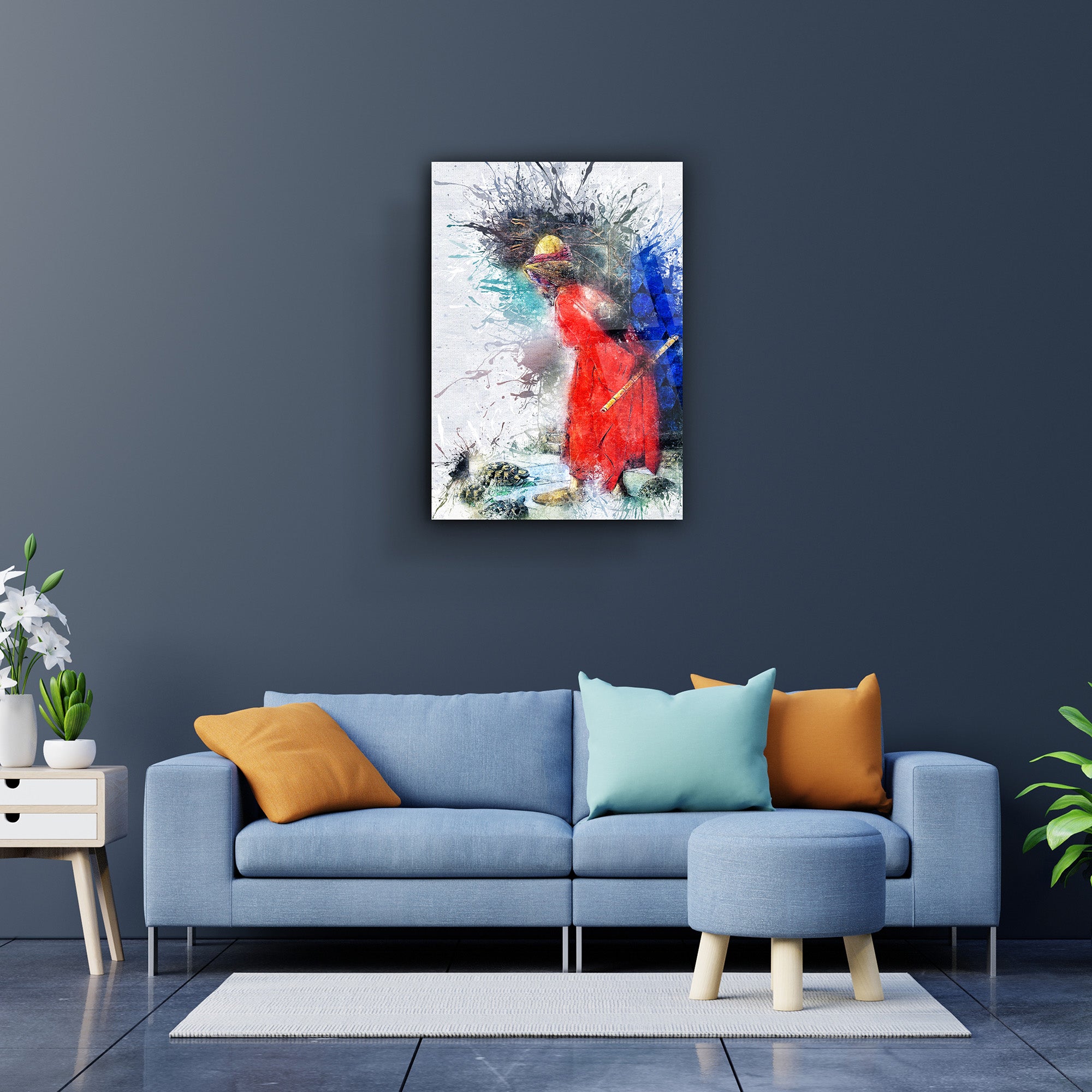 Kaplumbağa Terbiyecisi Cam Tablo, modern oturma odasında renkli sanat eseri.