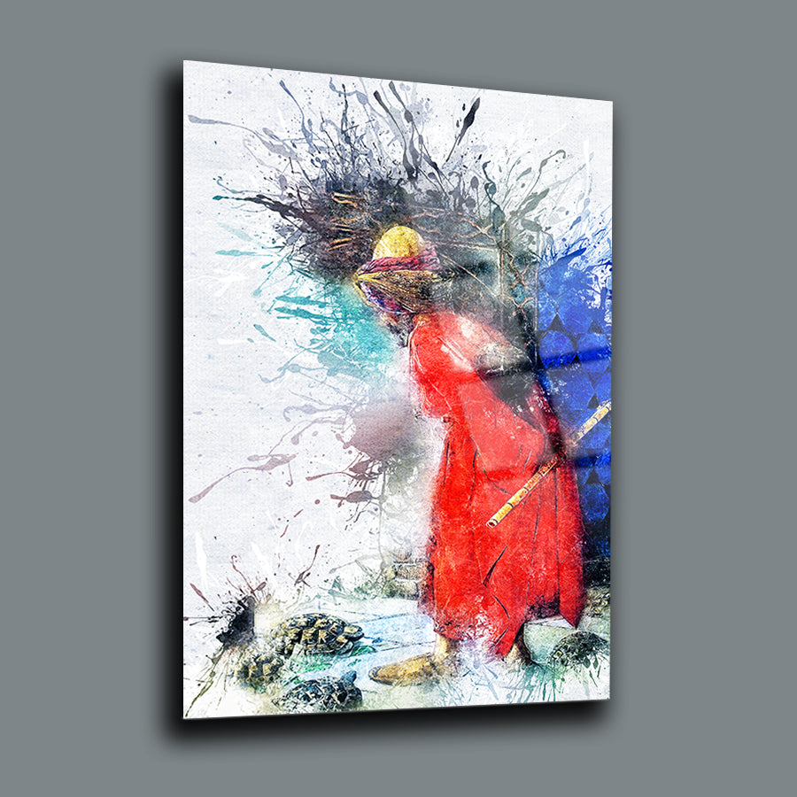 Vibrant Kaplumbağa Terbiyecisi Cam Tablo with artistic depiction of a figure in red, surrounded by colorful splashes.