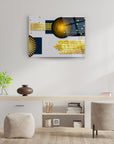 Modern Altın Yıldız 1 Cam Tablo with geometric designs in gold and black on a stylish living room wall.