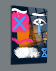 Modern colorful abstract art on a glass panel featuring bold shapes and brush strokes.