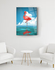 Colorful artwork of a pink flamingo standing in water, complementing a modern, stylish interior.