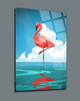 Colorful flamingo illustration standing in water with a bright blue sky, ideal for home decor.