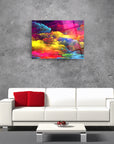 Vibrant clouds art glass painting by SRD Concept, enhancing modern living room decor.
