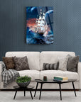 Artistic cam tablo depicting a sailing ship in a cosmic setting, stylishly placed above a modern couch in a cozy living room.