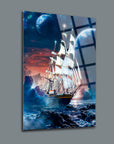 A stunning canvas art piece featuring a ship sailing through a cosmic ocean with planets and colorful skies.