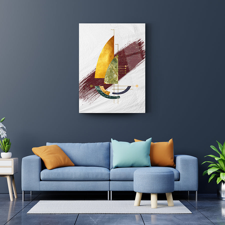 Modern Mermer Kayık Cam Tablo in a stylish living room with blue couch and decorative pillows.