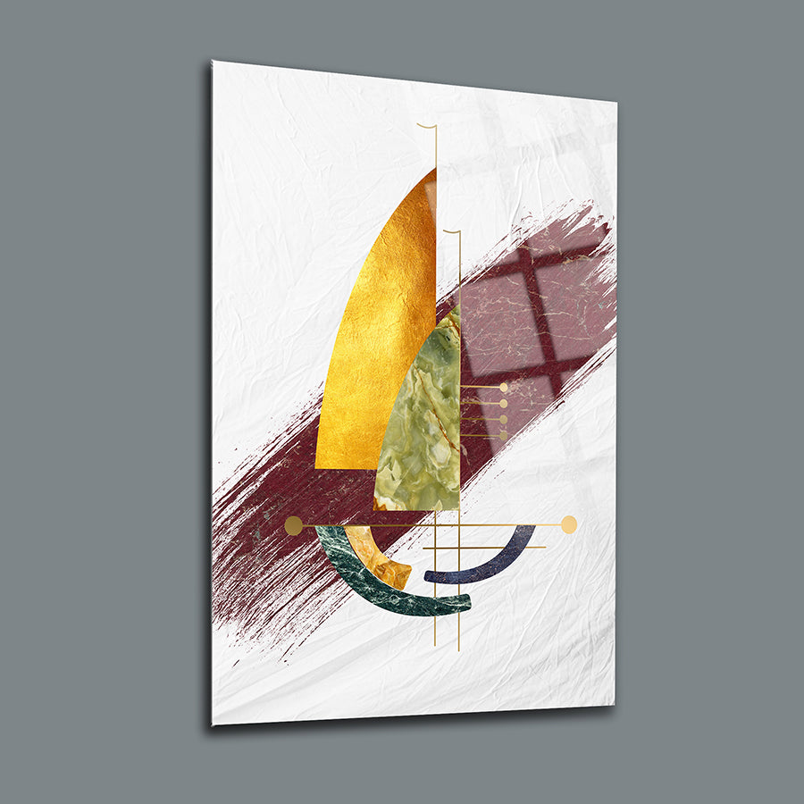 Modern abstract sailboat design on textured canvas with gold and green accents.