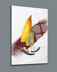 Modern abstract sailboat design on textured canvas with gold and green accents.