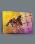 Vibrant red horse artwork on glass, showcasing dynamic colors against a gradient background.