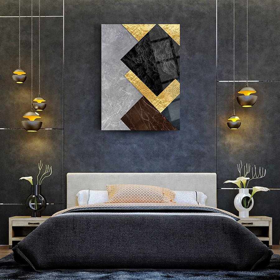 Kara Taş Cam Tablo: şık tasarım, lüks atmosfer, modern yatak odası dekorasyonu.