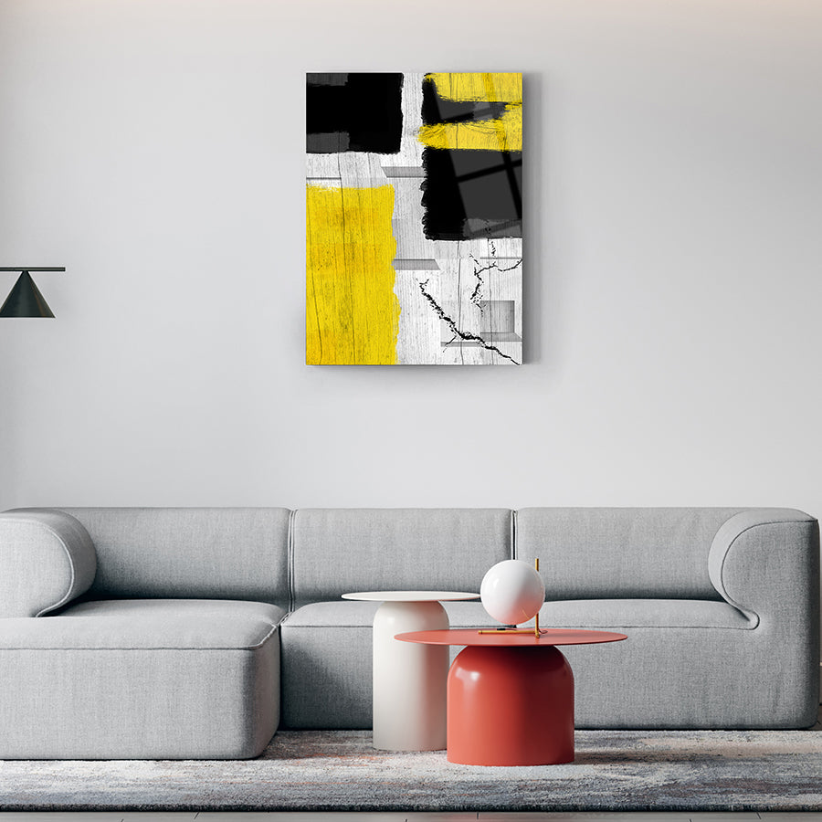 Sarı Ahşap Cam Tablo, modern dekorasyon için ideal duvar sanatı parçası, şık ve günlük yaşam alanlarına uyum sağlar.