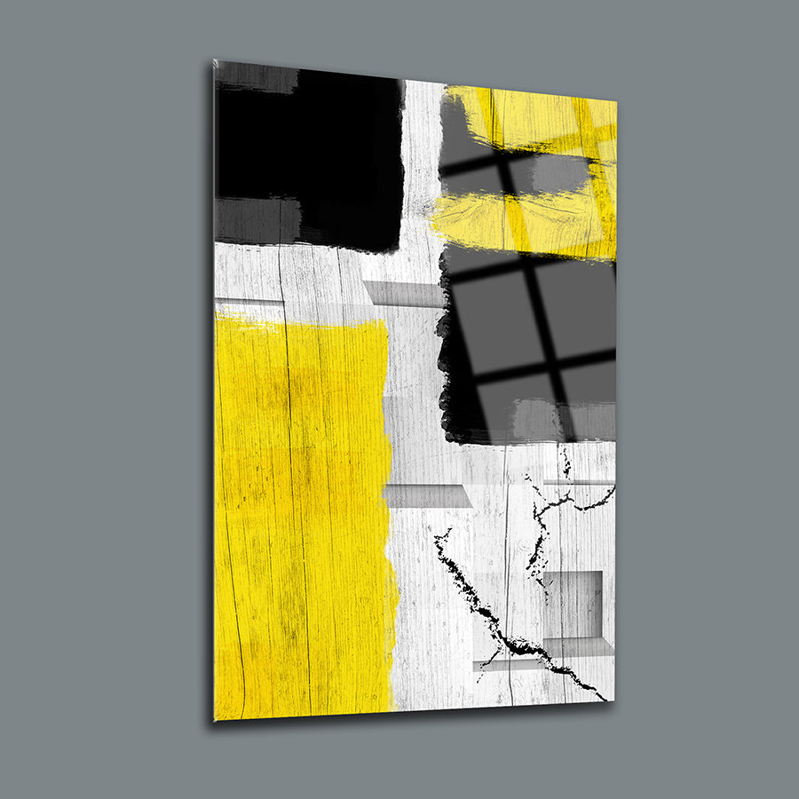 Sarı ahşap cam tablo, modern tasarım, UV baskı, kaliteli cam, zarif dekorasyon, SRD Concept.