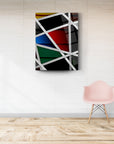 Eskitme Ahşap Cam Tablo, modern dekorasyon için özel UV baskı ile tasarlanmış, renkli geometrik desenler.