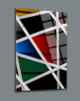Modern glass wall art featuring colorful geometric patterns and textured background.
