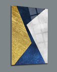 Geometrik desenli 11 cam tablo, mavi, altın ve beyaz tonlarında modern sanat eseri.