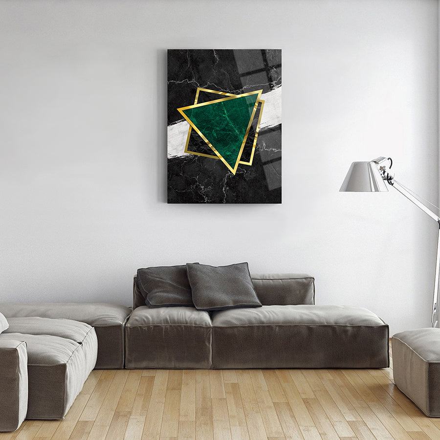Geometrik Desen 13 Cam Tablo, yeşil üçgen ve sarı çerçeve ile modern iç mekan dekoru.