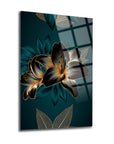 SRD Concept glass wall art featuring elegant floral design in vibrant colors with gold accents.