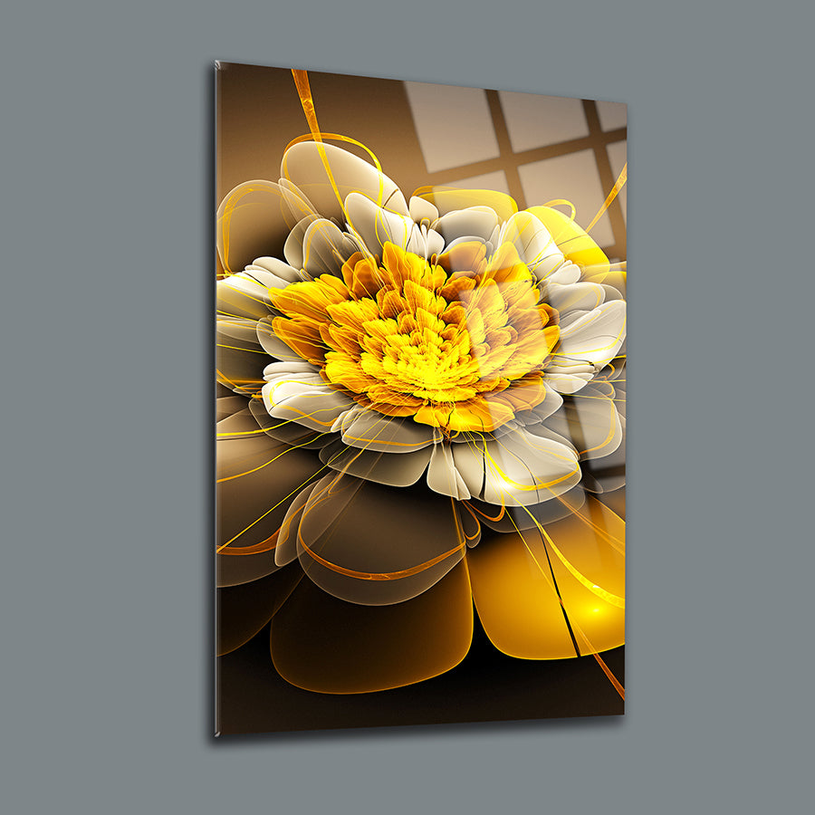 Vibrant yellow floral artwork on glass, showcasing intricate patterns and high-quality design for modern decor.
