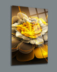 Vibrant yellow floral artwork on glass, showcasing intricate patterns and high-quality design for modern decor.