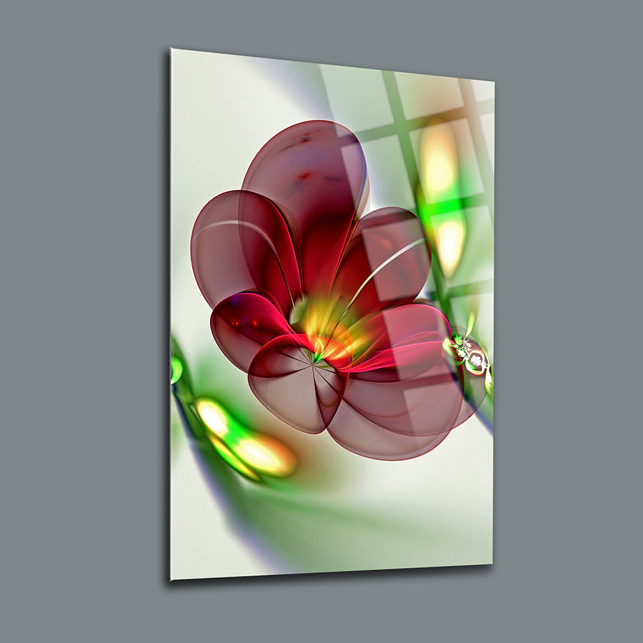 Bordo Begonya Cam Tablo: Şık red flower design on glass, ideal for modern decor and UV printed for durability.