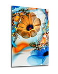 Vibrant orange and blue flower glass wall art, featuring intricate floral designs on durable tempered glass.