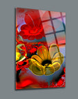 Vibrant red and yellow flower glass wall art with UV printing by SRD Concept.