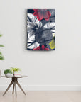 Modern floral glass art with colorful flowers on a dark background, perfect for home decor.