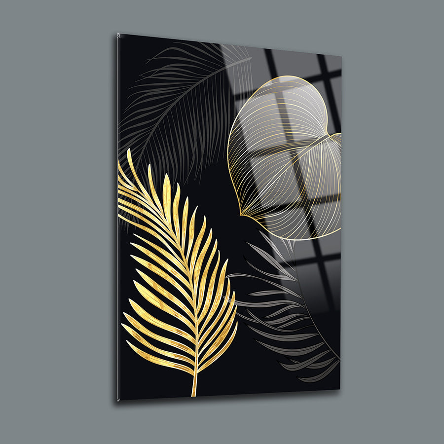 Altın palmiyeler tasarımlı 3'lü set cam tablo, şık ve modern dekorasyon için ideal.