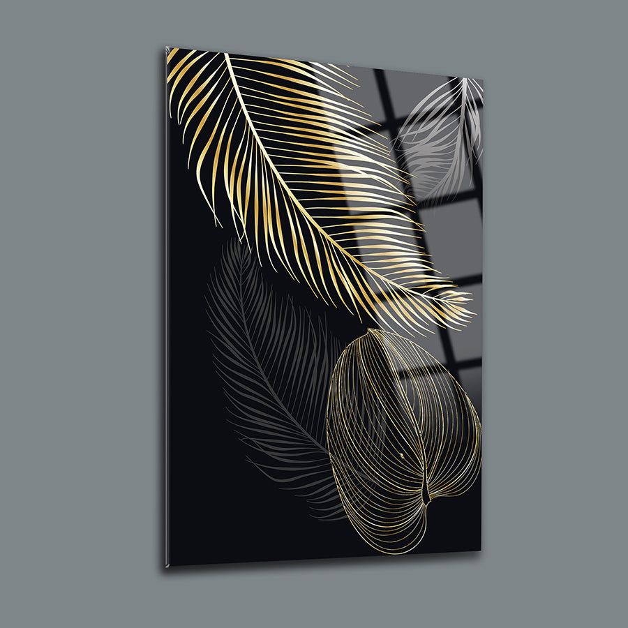 Altın palmiyeler motifli 3'lü set cam tablo, şık ve modern dekor için ideal.