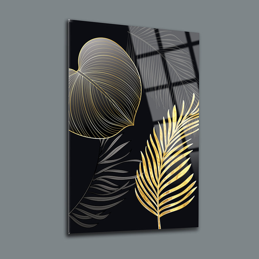 Altın palmiyeler ile modern cam tablo, şık tasarım ve UV baskı ile oluşturulmuştur.