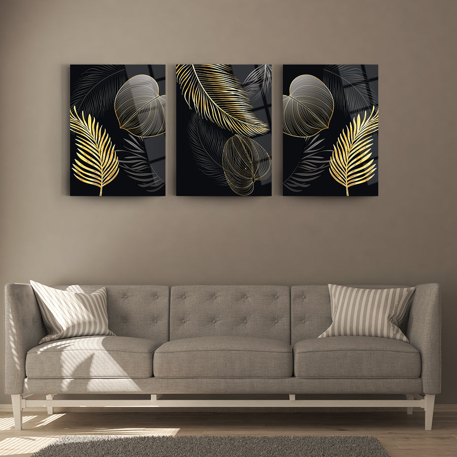 Altın Palmiyeler 3'lü Set Cam Tablo, modern duvar dekorasyonu, şık ve zarif tasarım, lüks iç mekanlar için.