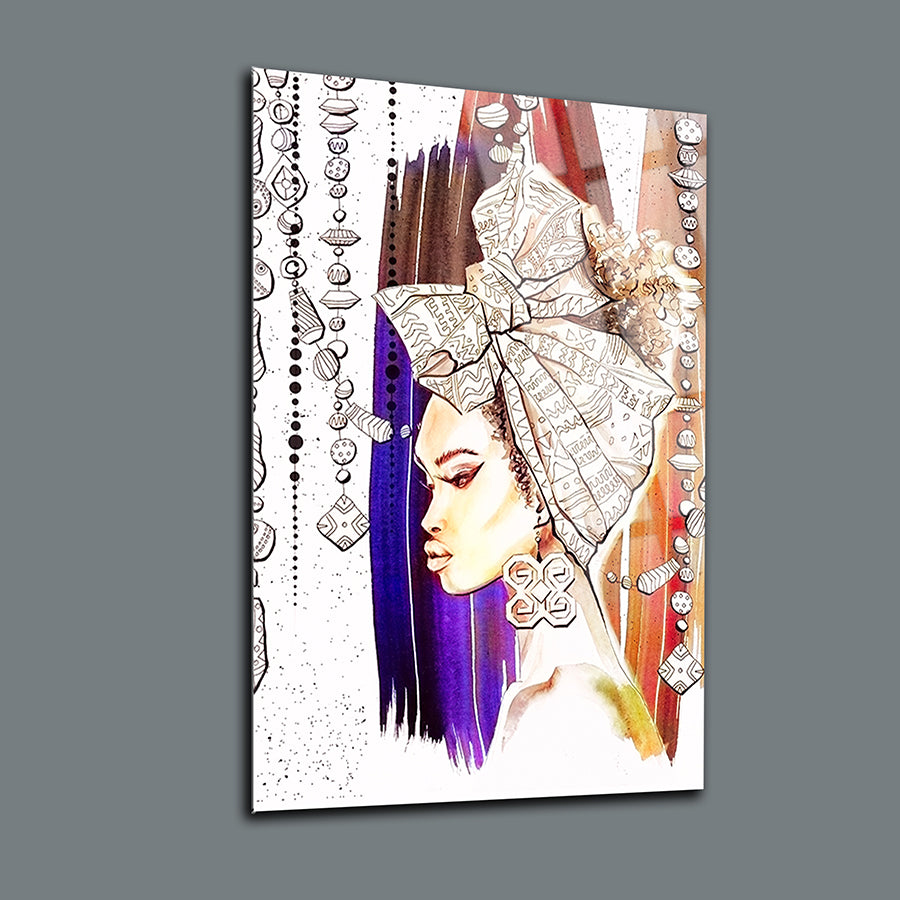 Afrikalı Kadın 2 cam tablo, şık ve modern tasarım, yüksek kaliteli UV baskı, duvar dekoru için ideal.