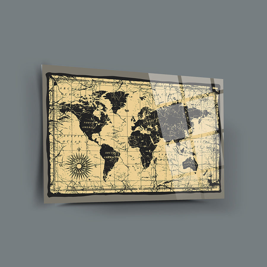 Eski Dünya Haritası cam tablo, 4 mm kalınlığında temperli cam, UV baskı, şık ve dayanıklı dekorasyon.