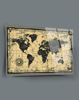 Eski Dünya Haritası cam tablo, 4 mm kalınlığında temperli cam, UV baskı, şık ve dayanıklı dekorasyon.