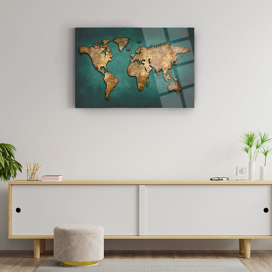 Toprak Dünya Haritası Cam Tablo, şık tasarım, ev dekorasyonu için modern ve dayanıklı seçenek.
