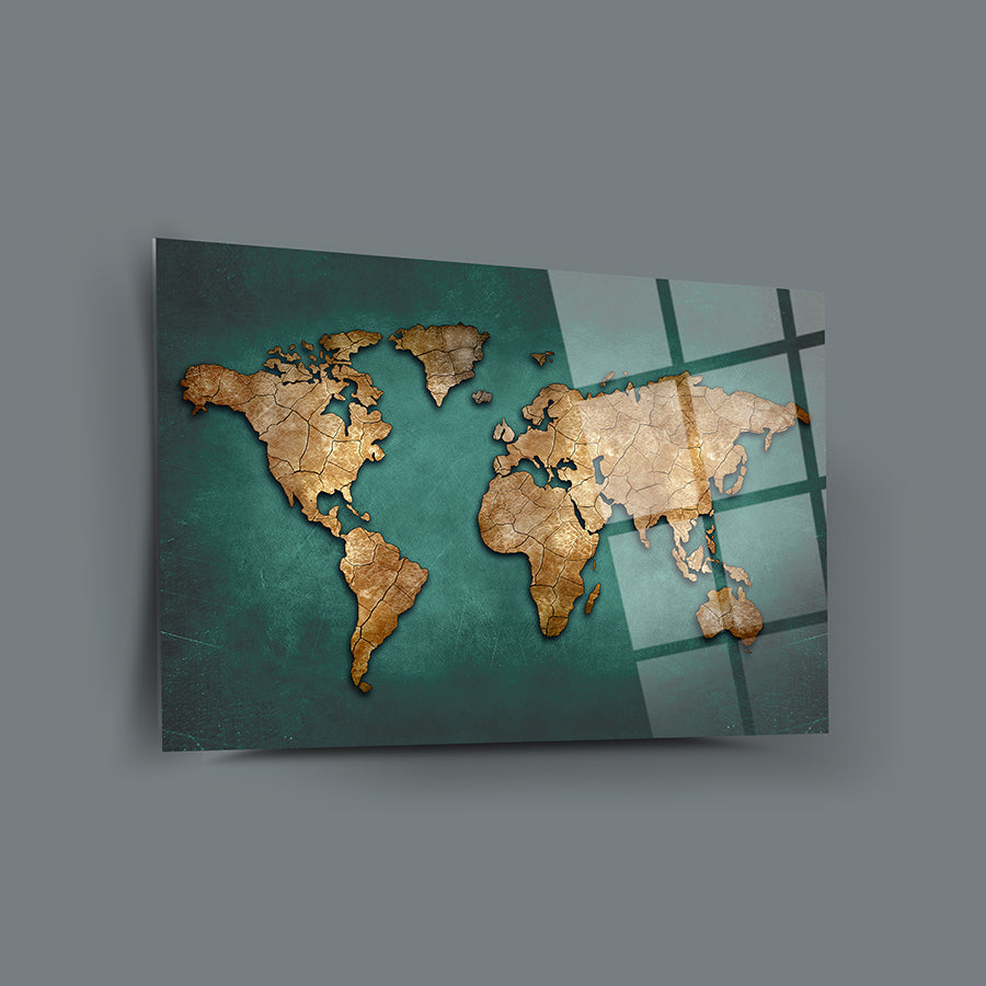 Toprak Dünya Haritası Cam Tablo, yüksek kaliteli UV baskı ile özel tasarlanmış, 4 mm kalınlığında cam.